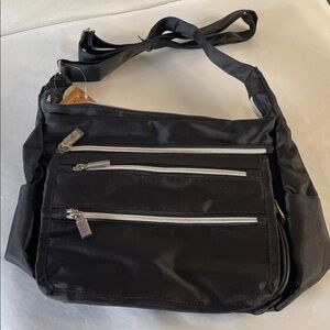 Classic Black Messenger Bag with Silver Zippers